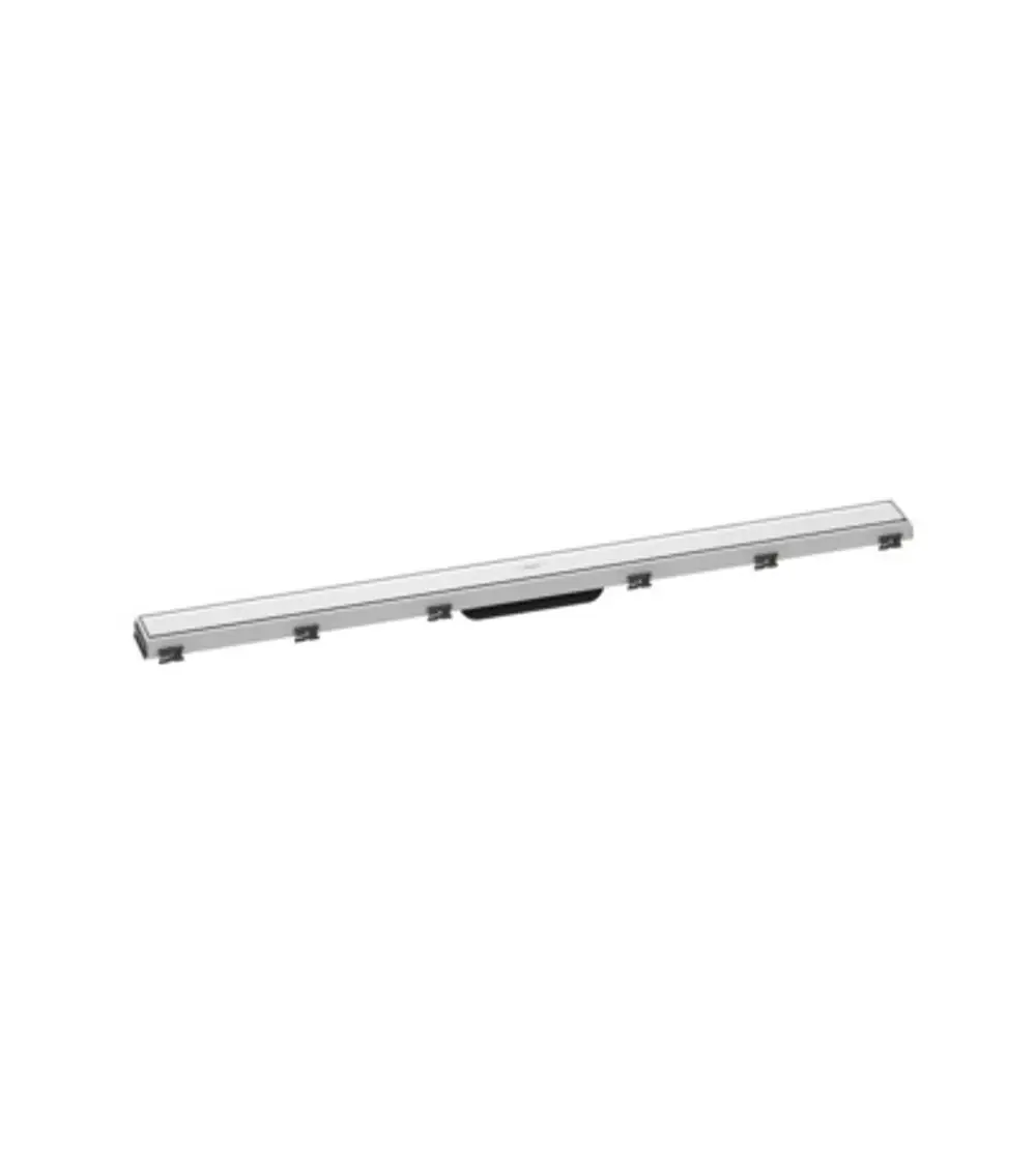 Lange, schmale Duschrinne in silberner Farbe mit höhenverstellbarem Rahmen von Hansgrohe, geeignet für den Einbau in Duschen.
